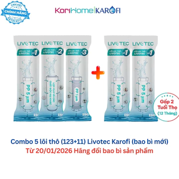 Combo 5 lõi lọc nước Karofi Livotec dùng được cho 1 năm gồm bộ 123 + 2 lõi số 1, Lõi lọc thô 10inch Karofi Livotec