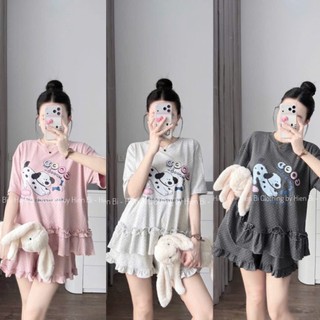 Set Bộ Đồ Nữ Chấm Bi ĐÙI In Chó Đốm Good Áo Phông Ngắn Tay Phối Bèo Gấu Mix Quần Sooc Đùi Ống Rộng Viền Bèo