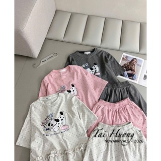 Set Bộ Đồ Nữ Chấm Bi ĐÙI In Chó Đốm Good Áo Phông Ngắn Tay Phối Bèo Gấu Mix Quần Sooc Đùi Ống Rộng Viền Bèo
