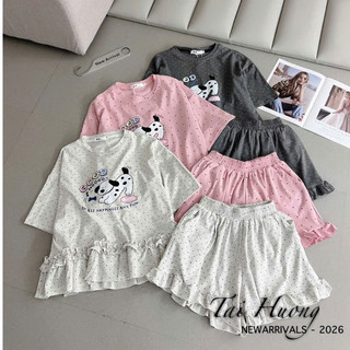 Set Bộ Đồ Nữ Chấm Bi ĐÙI In Chó Đốm Good Áo Phông Ngắn Tay Phối Bèo Gấu Mix Quần Sooc Đùi Ống Rộng Viền Bèo