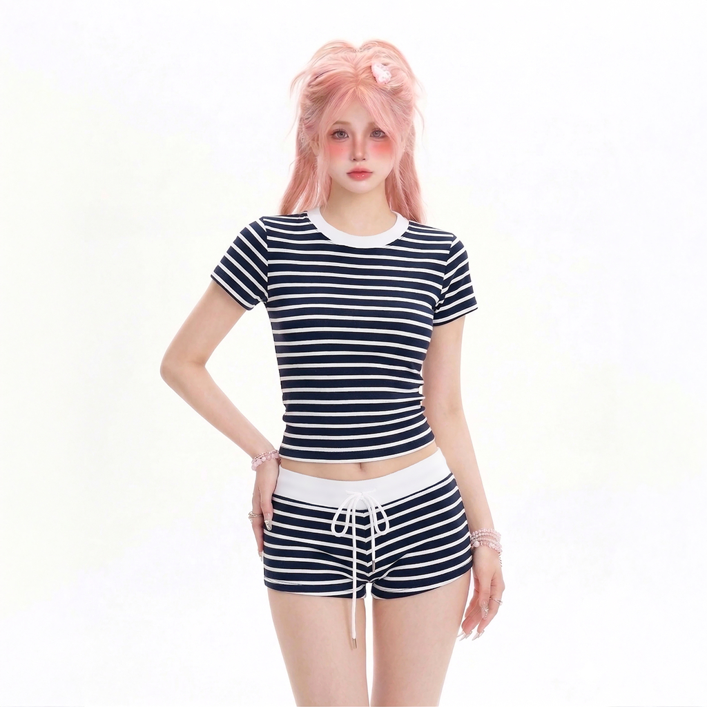 SET Áo Thun Baby Tee Phối Kèm Quần Ngắn Kiểu Kẻ Sọc Năng Động S09777 - SamHi Closet