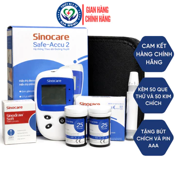 Máy Đo Đường Huyết Sinocare Safe Accu 2 Hàng Chính Hãng - Tặng Kèm 50 Que Và 50 Kim
