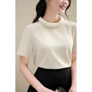 Áo Kiểu Nữ LAMER FASHION Công Sở Dáng Suông Cộc Tay Cổ Lọ Bẻ Màu be O61B26H002