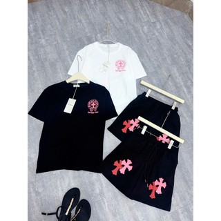 Set Bộ Đồ Nữ CỘC Áo Phông In Chữ Thập Màu Hồng Ngắn Tay Mix Quần Sooc Đùi Mì Hàn Ống Rộng
