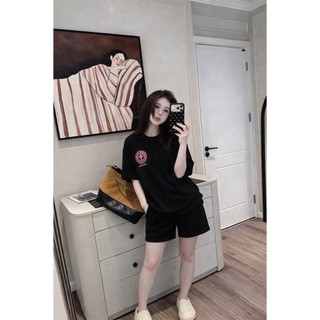 Set Bộ Đồ Nữ CỘC Áo Phông In Chữ Thập Màu Hồng Ngắn Tay Mix Quần Sooc Đùi Mì Hàn Ống Rộng