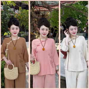 Bộ đi chùa cổ tròn thêu trúc chất liệu đũi tơ mềm mát, Set pháp phục nữ sang chảnh điệu đà | Đồ Lam An Nhiên