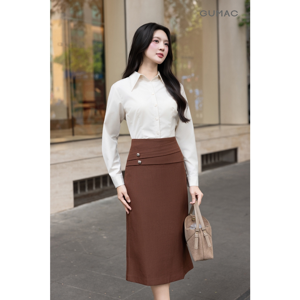 Chân Váy Công Sở GUMAC Xếp Ly Eo Tôn Dáng Đính Nút Trang Trí Thanh Lịch Hiện Đại VG03014