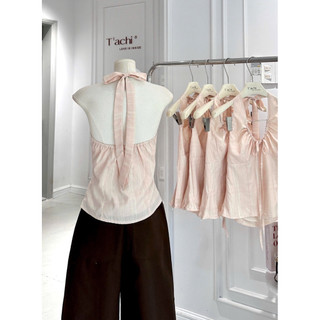 SEP House - Set áo kẻ sọc cổ yếm cột nơ hở lưng bo chun phối quần kaki nâu suông dài cá tính trendy - Hàng loại 1
