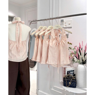 SEP House - Set áo kẻ sọc cổ yếm cột nơ hở lưng bo chun phối quần kaki nâu suông dài cá tính trendy - Hàng loại 1