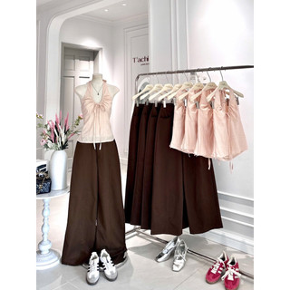 SEP House - Set áo kẻ sọc cổ yếm cột nơ hở lưng bo chun phối quần kaki nâu suông dài cá tính trendy - Hàng loại 1