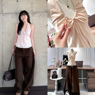 SEP House - Set áo kẻ sọc cổ yếm cột nơ hở lưng bo chun phối quần kaki nâu suông dài cá tính trendy - Hàng loại 1
