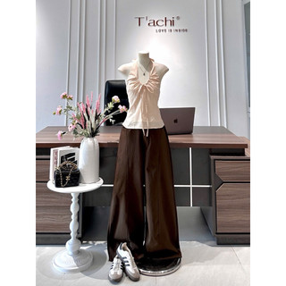 SEP House - Set áo kẻ sọc cổ yếm cột nơ hở lưng bo chun phối quần kaki nâu suông dài cá tính trendy - Hàng loại 1
