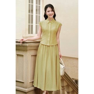 Áo Kiểu Nữ LAMER FASHION Vai Chờm Chiết Ly Eo Phối Chân Váy Xòe Công Sở Dáng Dài O61H26H005 O62L26H002