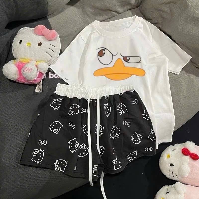 [Peinn] Set đồ mùa hè siêu cool, siêu thoải mái - set áo phông + quần ngắn kitty đen - top mùa hè