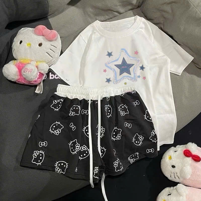 [Peinn] Set đồ mùa hè siêu cool, siêu thoải mái - set áo phông + quần ngắn kitty đen - top mùa hè
