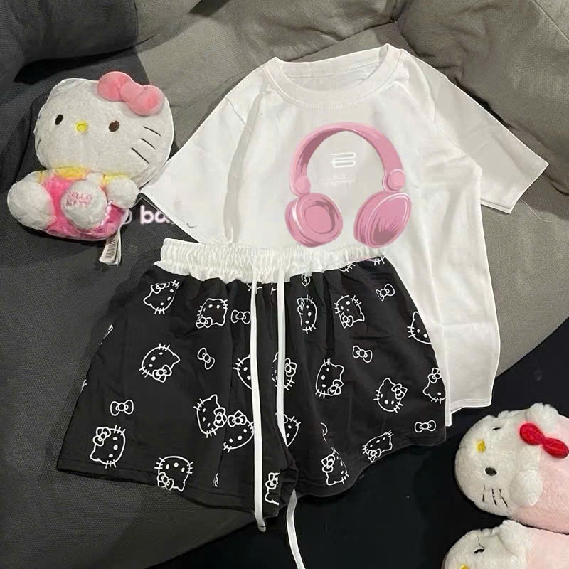 [Peinn] Set đồ mùa hè siêu cool, siêu thoải mái - set áo phông + quần ngắn kitty đen - top mùa hè