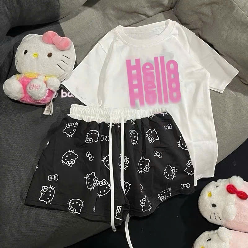 [Peinn] Set đồ mùa hè siêu cool, siêu thoải mái - set áo phông + quần ngắn kitty đen - top mùa hè