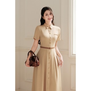 Đầm Công Sở LAMER FASHION Dáng Dài Cổ Đức Cộc Tay Ly Bung Phối Đai Eo Cao Cấp O63L26H001
