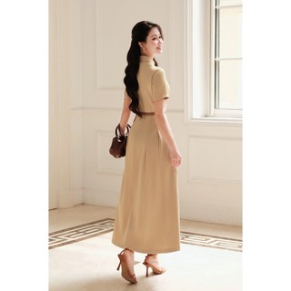Đầm Công Sở LAMER FASHION Dáng Dài Cổ Đức Cộc Tay Ly Bung Phối Đai Eo Cao Cấp O63L26H001