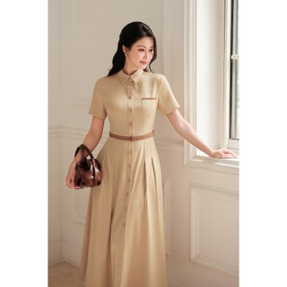 Đầm Công Sở LAMER FASHION Dáng Dài Cổ Đức Cộc Tay Ly Bung Phối Đai Eo Cao Cấp O63L26H001