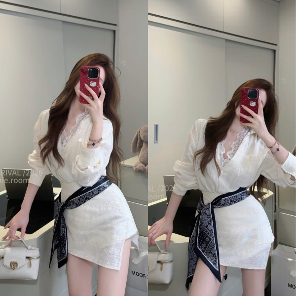 ZIMM STORE-Set đồ đi làm công sở sang trọng Áo sơ mi lụa thêu hoa cổ phối ren kèm chân váy trắng