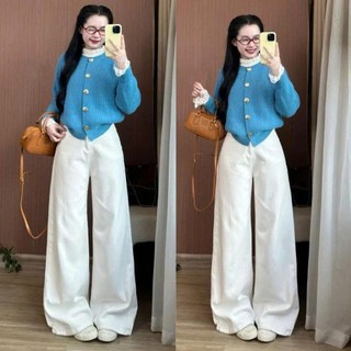 Quần Jeans Nữ Ống Rộng Xanh Đậm Cạp Cao Tôn Dáng, Viền Chỉ Nổi Cá Tính