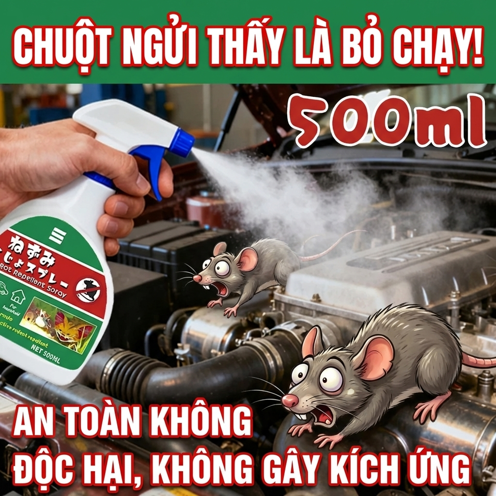 🐭 10 năm không còn chuột 🐭 Xịt & gel đuổi chuột 500ml – Chiết xuất từ thực vật, không độc hại an toàn cho xe và gia đình