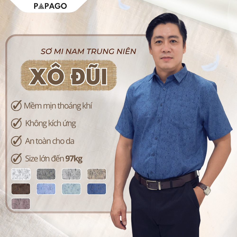 [HOT] Áo Sơ Mi Xô Đũi Nam Trung Niên Form Rộng Thoải Mái In Họa Tiết PAPAGO – P23SNHT003
