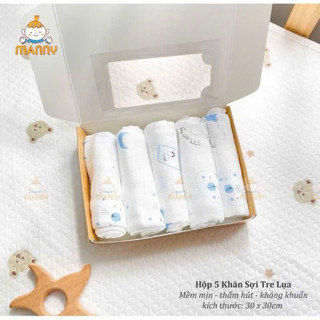 Hộp 5 khăn sữa sợi tre lụa Manny 2 lớp chính hãng, siêu mềm mịn thấm hút tốt