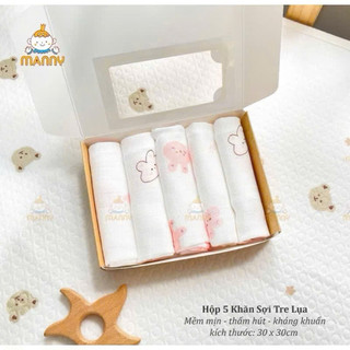 Hộp 5 khăn sữa sợi tre lụa Manny 2 lớp chính hãng, siêu mềm mịn thấm hút tốt