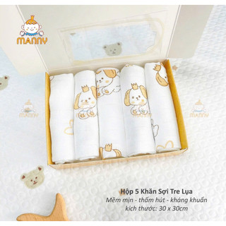 Hộp 5 khăn sữa sợi tre lụa Manny 2 lớp chính hãng, siêu mềm mịn thấm hút tốt
