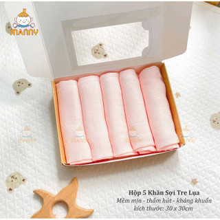 Hộp 5 khăn sữa sợi tre lụa Manny 2 lớp chính hãng, siêu mềm mịn thấm hút tốt