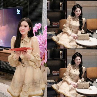 Set váy xòe bánh bèo màu kem phong cách retro