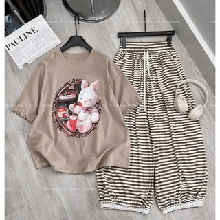 Set Bộ Đồ Nữ In Thỏ Bánh Kem Cute Áo Phông Phối Viền Bèo Ngắn Tay Mix Quần Kẻ Ngang Màu Nâu