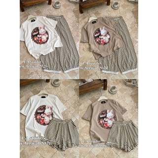 Set Bộ Đồ Nữ In Thỏ Bánh Kem Cute Áo Phông Phối Viền Bèo Ngắn Tay Mix Quần Kẻ Ngang Màu Nâu