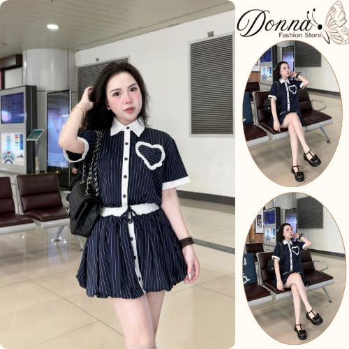 Set đồ nữ DONA HCOM25483 sơ mi nữ kẻ sọc phối viền trắng, đồ bộ nữ cổ bẻ váy bí phong cách Hàn Quốc