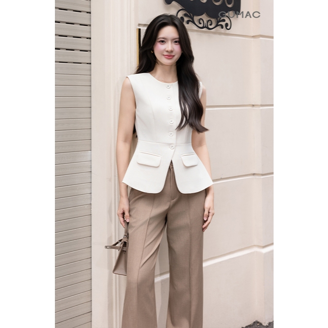 Áo Gile Nữ Cổ Tròn GUMAC Dáng Dài Chiết Eo Nhẹ Kiểu Peplum Chất Carolan Xược Đứng Form AG03026