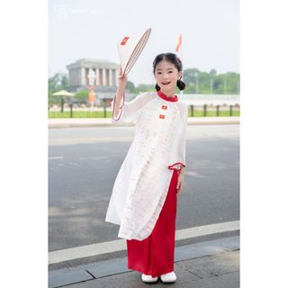 [HUMYNGO] - Áo dài YÊU NƯỚC cờ đỏ sao vàng Việt Nam mừng lễ 30/4 - 1/5 cho bé gái 5-12 tuổi. Áo dài kèm quần bé gái [155
