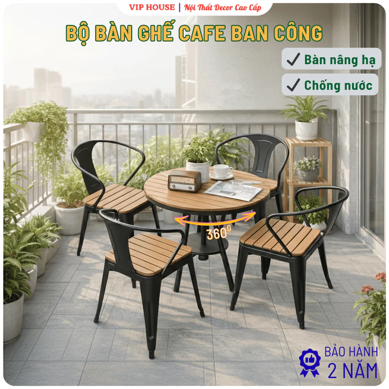Bộ Bàn Ghế Ban Công Phong Cách Hàn Quốc Bằng Khung Thép, Bàn Ghế Ngoài Trời Xoay Nâng Hạ Chiều Cao Thông Minh Hiện Đại — ảnh 1
