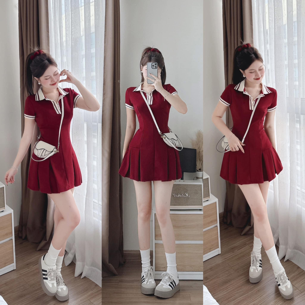 Váy Nữ Polo Xếp Ly DONNA HCOM3556 Form Ôm Tôn Dáng – Đầm Ngắn Tay Phối Cổ Sọc Trẻ Trung Phong Cách Hàn Quốc
