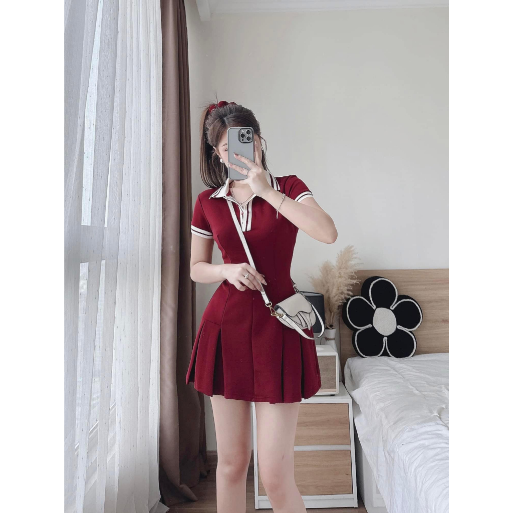 Váy Nữ Polo Xếp Ly DONNA HCOM3556 Form Ôm Tôn Dáng – Đầm Ngắn Tay Phối Cổ Sọc Trẻ Trung Phong Cách Hàn Quốc