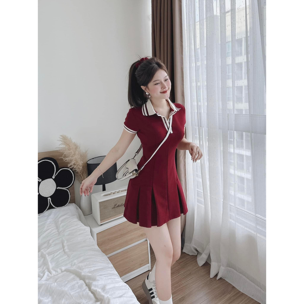 Váy Nữ Polo Xếp Ly DONNA HCOM3556 Form Ôm Tôn Dáng – Đầm Ngắn Tay Phối Cổ Sọc Trẻ Trung Phong Cách Hàn Quốc