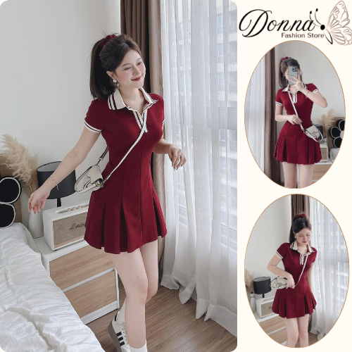 Váy Nữ Polo Xếp Ly DONNA HCOM3556 Form Ôm Tôn Dáng – Đầm Ngắn Tay Phối Cổ Sọc Trẻ Trung Phong Cách Hàn Quốc