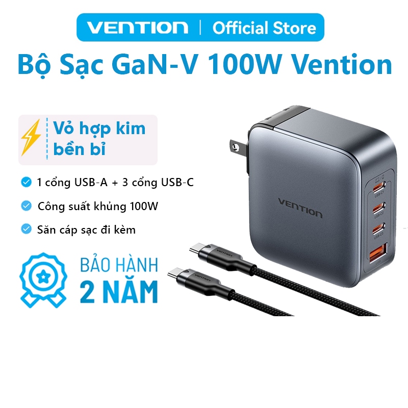 Bộ Sạc Nhanh GaN-V 100W Vention Kèm Cáp C-C 100W, Sạc Đồng Thời 4 Thiết Bị USB-A/USB-C*3 An Toàn PD 3.0, QC 4.0 Nhỏ Gọn
