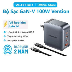 Bộ Sạc Nhanh GaN-V 100W Vention Kèm Cáp C-C 100W, Sạc Đồng Thời 4 Thiết Bị USB-A/USB-C*3 An Toàn PD 3.0, QC 4.0 Nhỏ Gọn