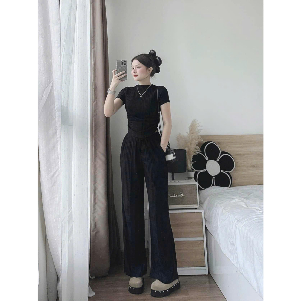 Set đồ nữ, đồ bộ nữ DONNA HCOM3407 áo cổ lọ mix quần suông dài trẻ trung, năng động