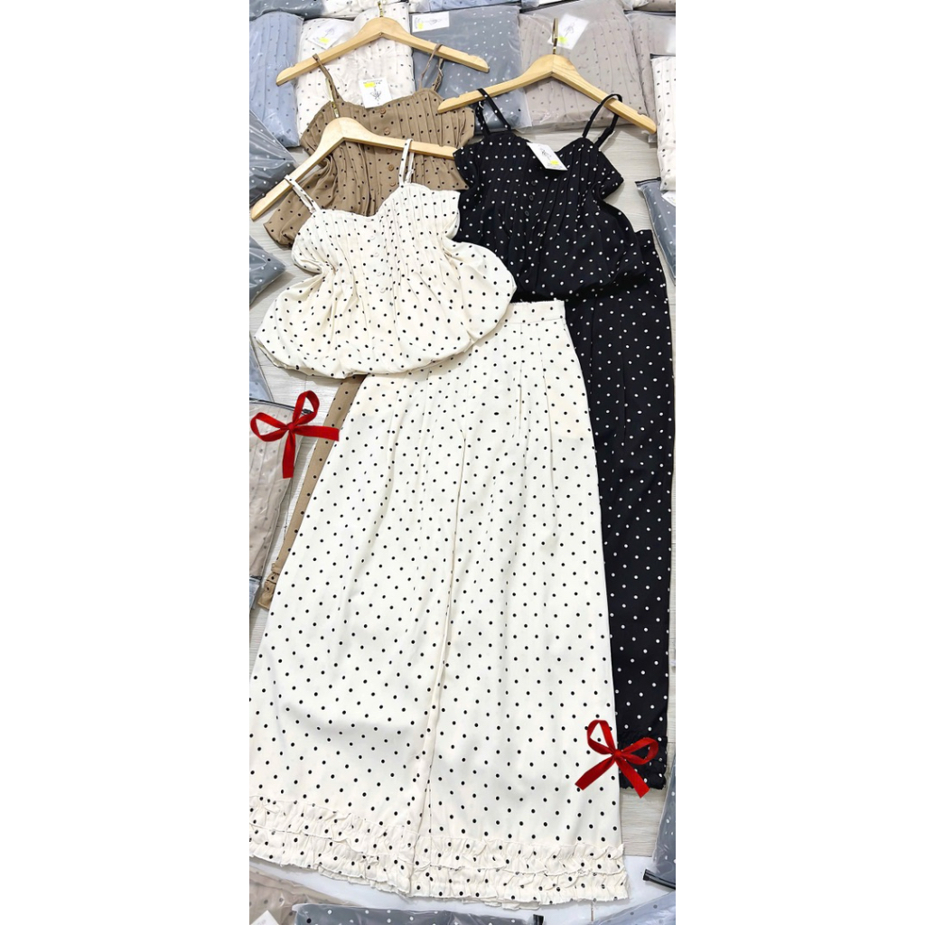 L734- Sét bộ babydoll chấm bi áo phồng bí có dây tân đơ, quần suông dài có túi hoặc văn kiểu ở lai quần, có bán quần đùi