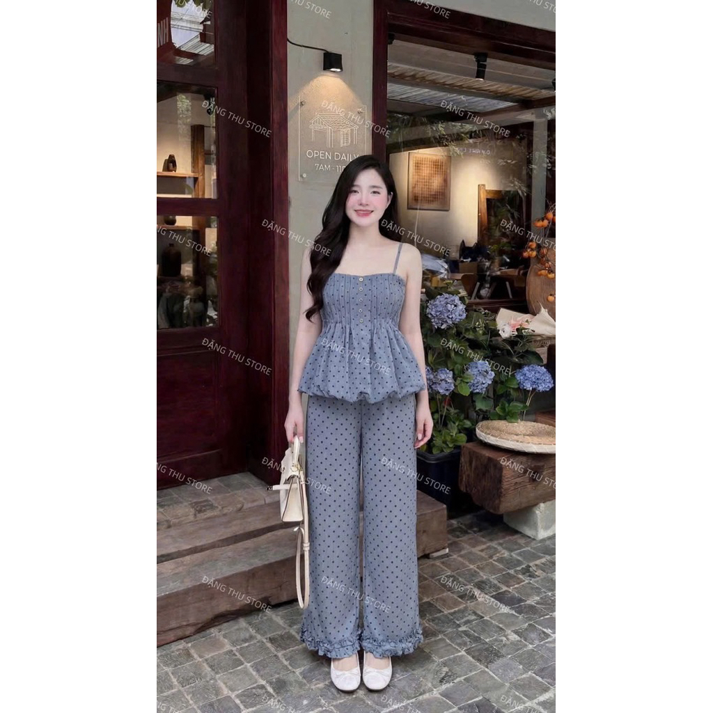 L734- Sét bộ babydoll chấm bi áo phồng bí có dây tân đơ, quần suông dài có túi hoặc văn kiểu ở lai quần, có bán quần đùi