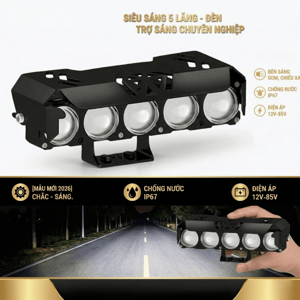 Đèn Pha Trợ Sáng LED 5 Mắt Siêu Sáng 25W 2 Chế Độ Màu Trắng Vàng Chống Nước Dùng Cho Ô Tô Xe Máy Xe Điện DC 12V-85V