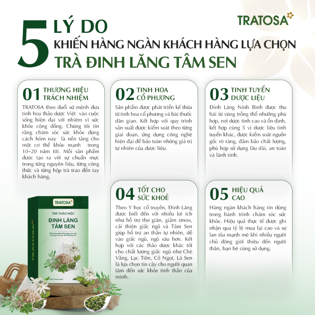 Trà Đinh Lăng Tâm Sen Tratosa 6 Vị Thảo Dược - Trà Đinh Lăng Tâm Sen Tratosa 6 Vị Thảo Dược